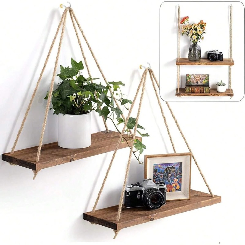 Floating Shelves - 1PC Wooden Swing Hanging Hemp Rope