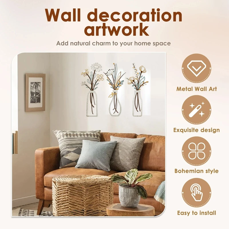 3pcs Metal Flowers Wall Decora - Home Decor Minimalist Style ulasan dan harga