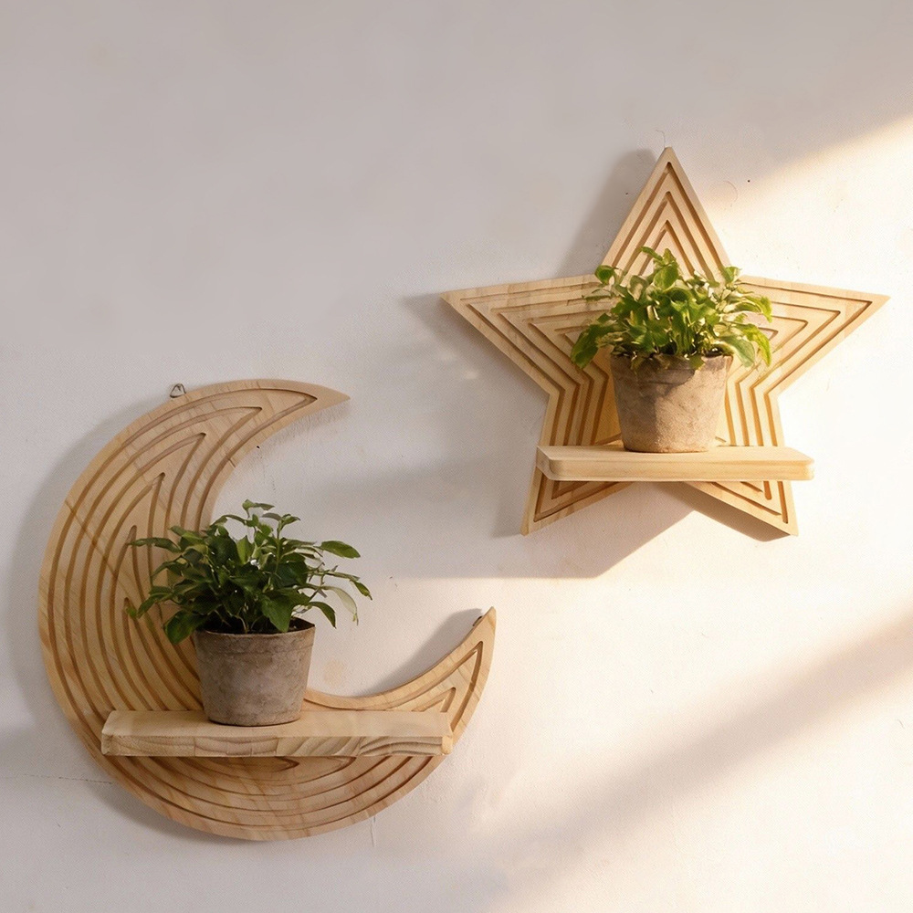 Moon Star Shape Wooden Floatin - Floating Shelves ulasan dan harga
